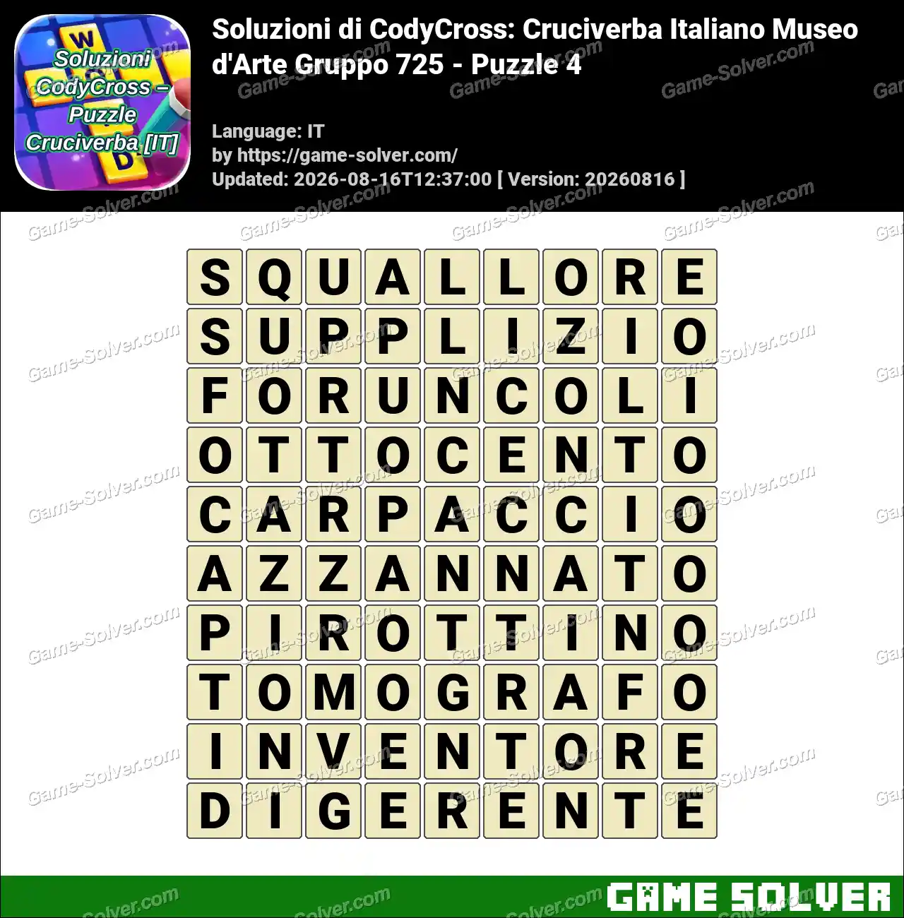 Soluzioni di CodyCross: Cruciverba Italiano Museo d’Arte Gruppo 725 – Puzzle 4